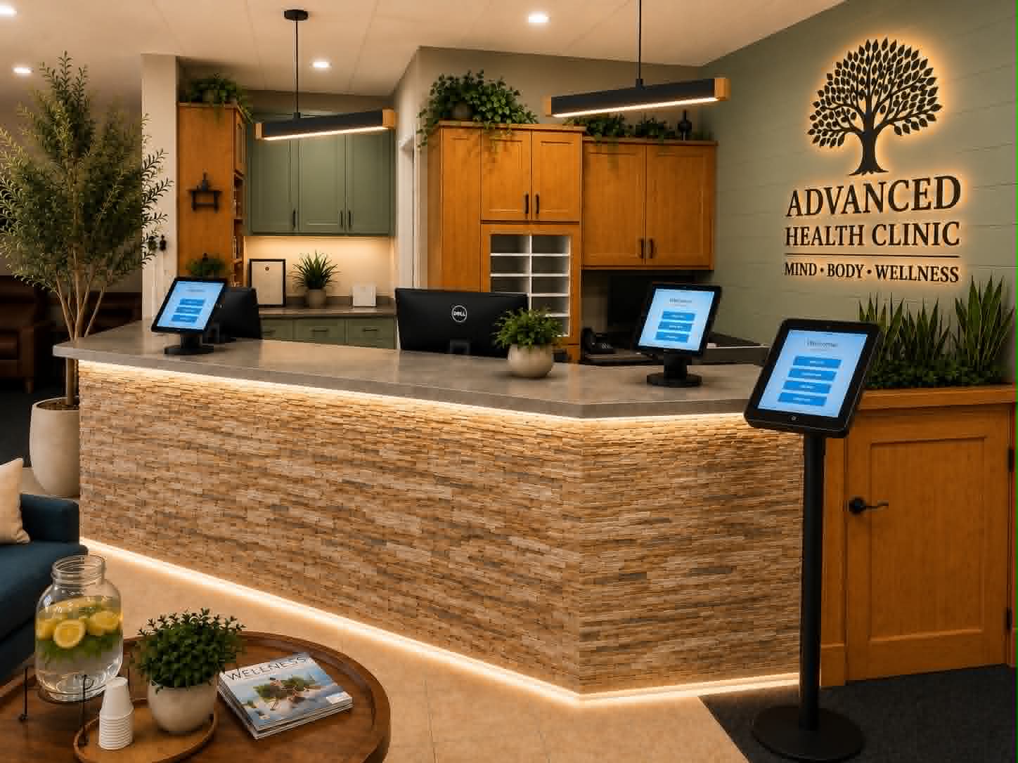 Advanced Health Clinic front desk with NaturaeSoft OfficePro check-in kiosk