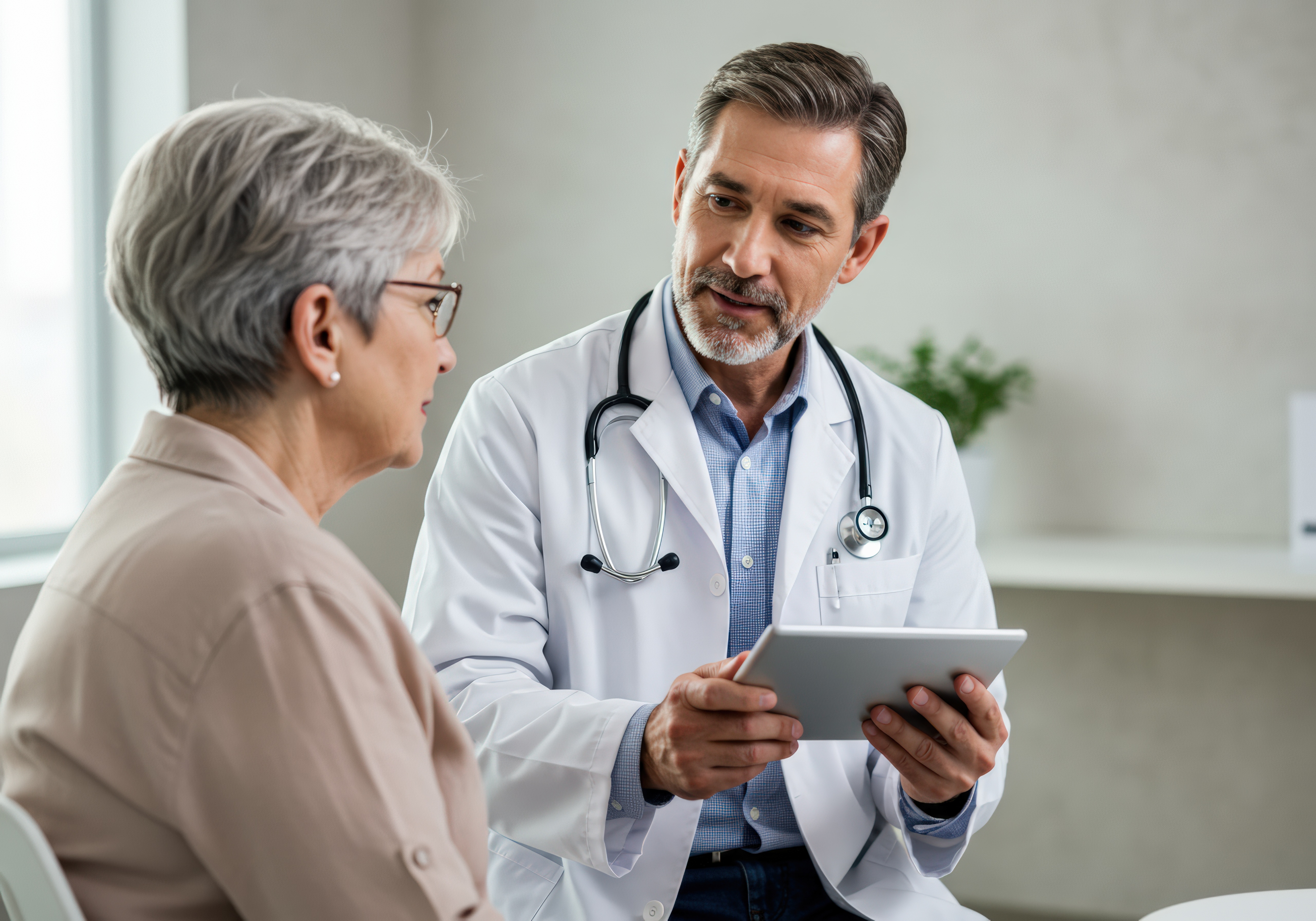 Doctor reviewing EHR options on a tablet with a patient