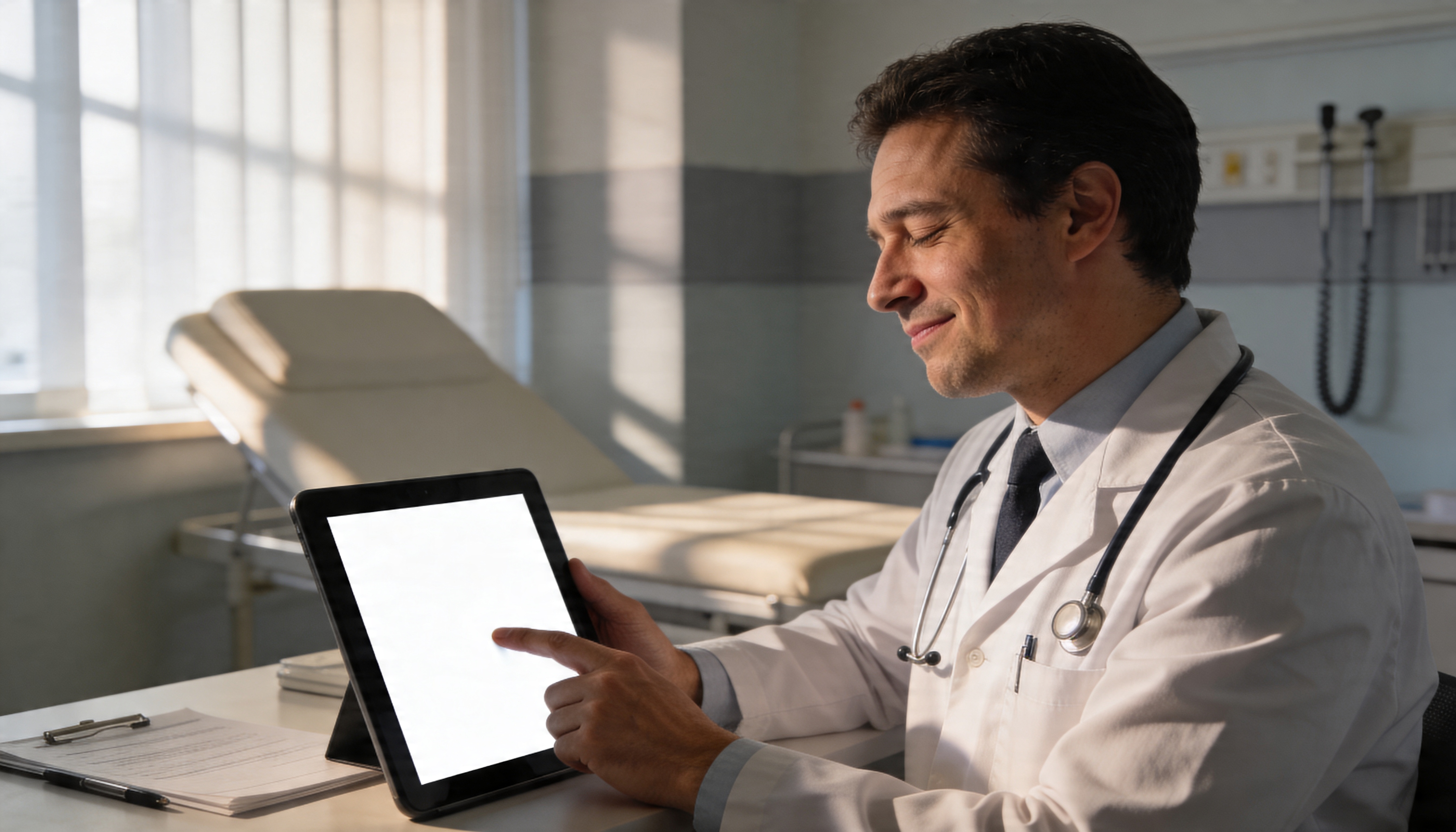 A physician at his desk reviewing a note on a tablet — the practitioner still in the driver's seat