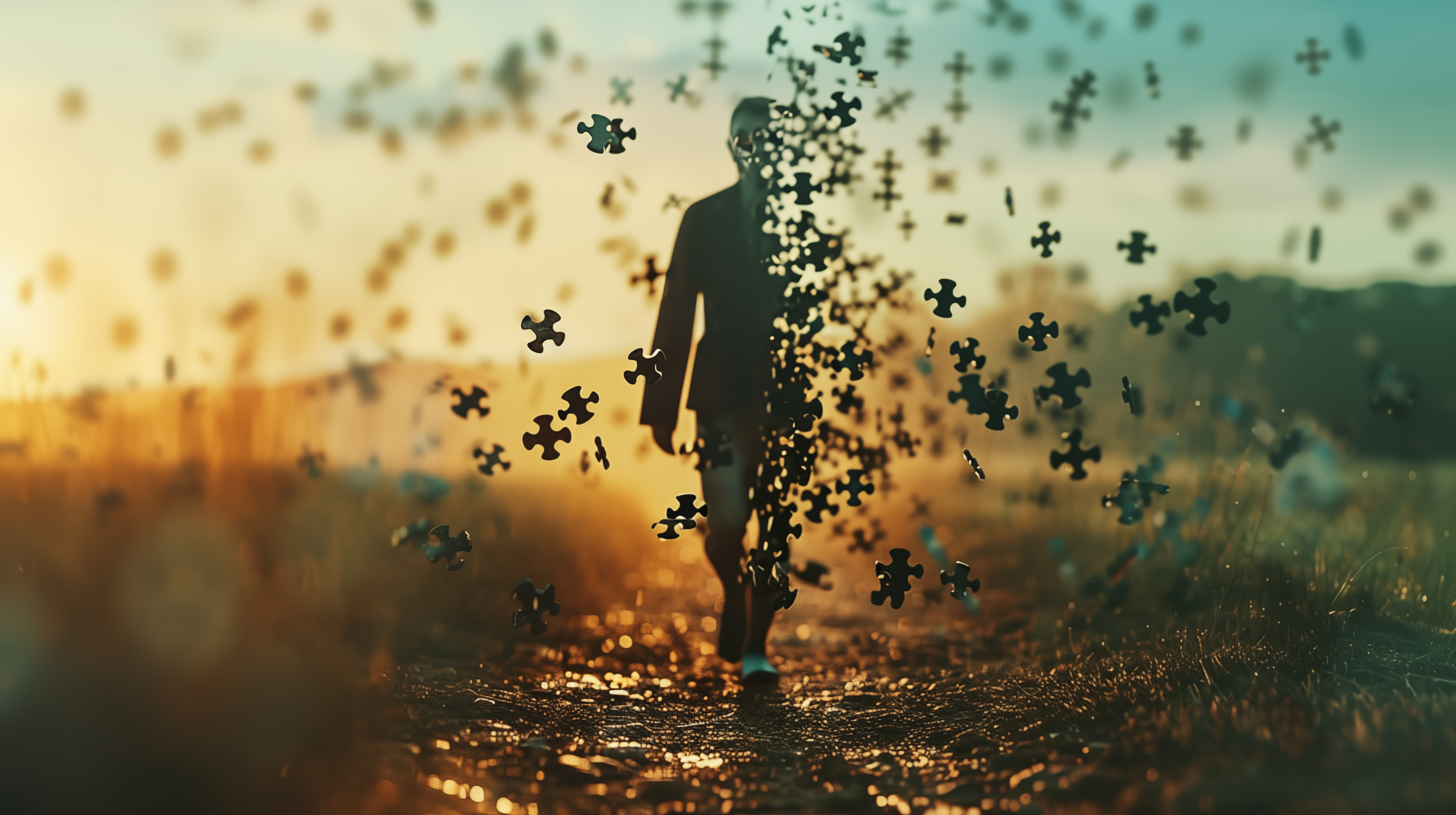 A person silhouetted at sunset with puzzle pieces assembling — the whole-person picture coming together through outcome data